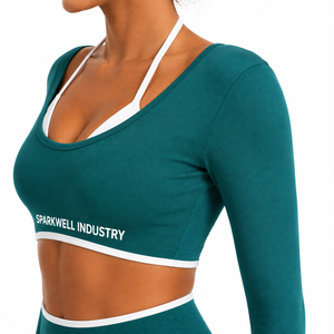Ensemble de yoga sans couture 3 pièces pour femme : haut court à manches longues, soutien-gorge de sport, leggings taille haute et shorts, séchage rapide, extensible, pour la gym et le fitness - Product Image 4