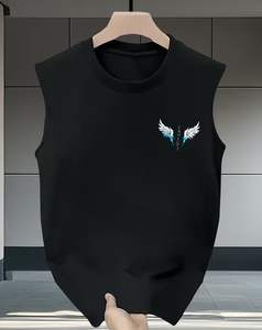 Men's <b>Black</b> Sleeveless Tank Top With White Blue <b>Wings</b> Print O-Neck Casual Wear Breathable Knitted Polyester - Product Image 2