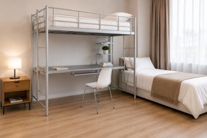 Modern Metal Loft <b>Bed</b> with Desk Silver Power Coated <b>Frame</b> Study <b>Bed</b> Apartment Villa Bedroom Furniture Adults Students - Product Image 4