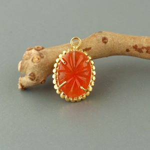 Orange Jade Carved Gemstone Oval 12x18mm Mini <b>Charm</b> 18k <b>Gold</b> Plated <b>Solid</b> Brass Jewelry Connector DIY <b>Bracelet</b> Earring Making - Product Image 2