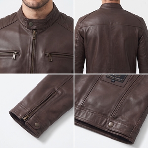 Chaqueta de Motociclista de Cuero Genuino para Hombre, Cortavientos, con Cuello Alto, Cierre de Cremallera, Chaqueta de Cuero PU a la Moda - Product Image 6