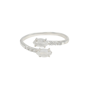 Bague ouverte ajustable classique en argent sterling 925 plaqué rhodium, avec accent pierre de lune arc-en-ciel 6x3mm et zircon, cadeau idéal - Product Image 1