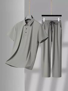 Men Summer Plus Size Casual Solid Color Two Piece <b>Set</b> <b>Knitted</b> Polyester Polo Shirt Drawstring Pants High Street Style Quick Dry - Product Image 1