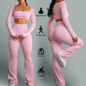 <b>Flared</b> Legs Gym <b>Leggings</b> Butt Lifting Elastic Waist Workout Yoga Pants Active Wear Fitness Women Knitted Breathable Quick Dry - Product Image 5