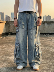 Jean en denim déchiré pour homme, grande taille, coupe ample, taille mi-haute, jambe large, avec poches plaquées, style streetwear décontracté - Product Image 2