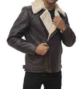 <b>Men</b> Brown Genuine Leather <b>Sherpa</b> Lined Bomber <b>Jacket</b> Zip Up Winter Outerwear Casual - Product Image 3