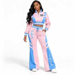 Ensemble de survêtement rose et bleu pour femmes Gamma Phi Delta Sorority, manches longues, demi-zip, cordon de serrage, ensemble de jogging sportif décontracté - Product Image 1