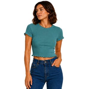 Teal Ribbed Crop <b>Top</b> Women Short Sleeve Lettuce Trim Crew Neck Cotton Spandex Slim Fit Casual Summer T Shirt Custom OEM Supplier - Product Image 1