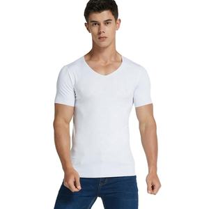 T-shirt en coton 100 % col en V à manches courtes pour homme, bleu, avec logo personnalisé, OEM, vente chaude, motif uni, en tissu éponge, pour garçon, votre propre marque - Product Image 2