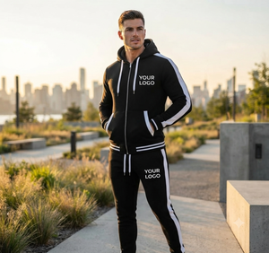 Conjunto Deportivo Unisex Negro con Rayas Blancas, Sudadera con Cremallera y Pantalones con Logotipo Personalizado, Ropa Casual de Otoño, Corte Regular de Longitud Completa - Product Image 4