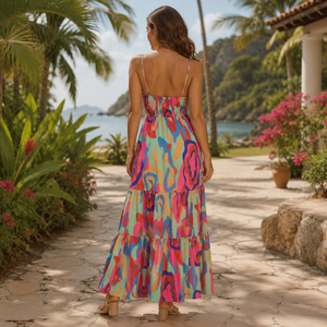 Women's Yellow Smocked Midi Dress | Ruffle Strap Tie Front Sleeveless A Line Summer Party Casual Beach Women's Vibrant Abstract - Product Image 3