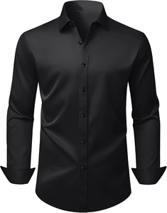 Chemise habillée noire à manches longues pour homme, 100 % coton, couleur unie, boutonnée, en popeline tissée, infroissable, col rabattu, collection printemps - Product Image 1