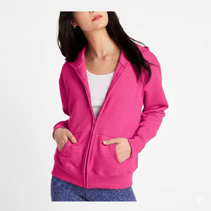 Sudadera de invierno para mujer, rosa liso, con capucha, cremallera, holgada, forrada, con bolsillos, estampado personalizado, de poliéster/algodón, cálida, con parte delantera de forro polar. - Product Image 1