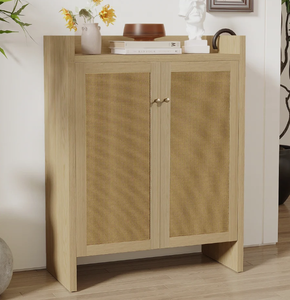 Nouvel arrivage 2026 – Meuble de rangement 2 portes en rotin naturel tressé style bohème, armoire à chaussures d'entrée en bois clair OEM, décoration intérieure – Vente en gros - Product Image 4