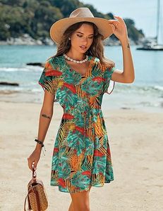 Vestido playero casual de manga corta para mujer con lazo en la cintura - Product Image 2