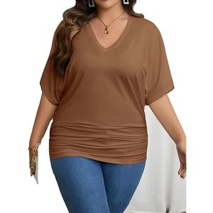 Venta al por mayor Tallas grandes Mujeres Regular Fit O-cuello Sólido Manga corta Casual Verano Camisetas 100% Algodón Transpirable Jersey Tela - Product Image 5