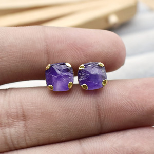 Natural Raw <b>Amethyst</b> <b>Stud</b> <b>Earring</b> Gold Electroplated Prong <b>Stud</b> Handmade Gemstone Jewelry Gift for Women - Product Image 4