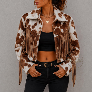 Women's Cow Print Leather Bomber <b>Jacket</b> with <b>Fringes</b> Turn-Down Collar Full Sleeve Plus Size Breathable Woven Spring Wear - Product Image 3