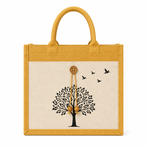 Yellow Laminated Jute Canvas Tote <b>Bag</b> <b>Tree</b> Print Button Closure Eco-Friendly Reusable Shopping Handbag for Exhibition Wedding - Product Image 3