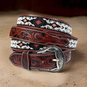 Ceinture en cuir véritable de haute qualité avec motifs perlés occidentaux et gravures, pour hommes et femmes, ceinture tendance, prix de gros - Product Image 2