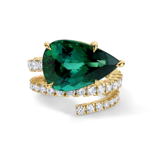 Luxury Women's 18K <b>Gold</b> <b>Cocktail</b> <b>Ring</b> With Pear Shape Emerald And Round Diamond - Product Image 1