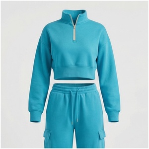 Women Blue Quarter-<b>Zip</b> Crop <b>Sweatshirt</b> & Drawstring Cargo Pants Tracksuit Set Casual Autumn Wear Full Sleeve Solid Color Loose - Product Image 1