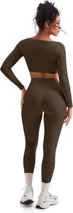 Ensemble de yoga sans couture pour femmes, leggings taille haute avec soutien-gorge intégré et poche à la taille, couleur unie, tenue de sport deux pièces - Product Image 6