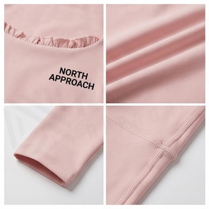North Approach <b>Pink</b> Square Neck Long Sleeve <b>Crop</b> <b>Top</b> With Ruffles Front Logo Yoga Wear - Product Image 4
