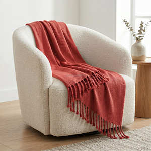 Navy Cotton Throw <b>Blanket</b> with Fine <b>Woven</b> Texture and Fringe for Sofa Chair Lounge Furniture and Contemporary Interior - Product Image 6