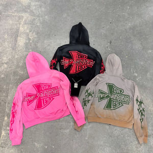 Sweat-shirt à capuche noir zippé pour homme et femme, imprimé flamme sur les manches, logo en strass, style streetwear, plusieurs couleurs. - Product Image 5