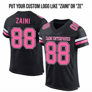 เสื้อฟุตบอลอเมริกันชาย ZAINI ZI-041 รุ่นซัมเมอร์ ผ้าโพลีเอสเตอร์ตาข่ายระบายอากาศ 220GSM สีดำชมพู ดีไซน์แผงสี  พิมพ์ลายดิจิตอลตามสั่ง - Product Image 1