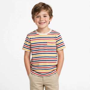 Camiseta de Manga Corta a Rayas para Niños, Diseño Moderno, Cuello Redondo, Informal, de Algodón Tejido, con Patrón de Rayas Rosa, Menta y Gris - Product Image 3