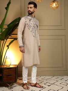 <b>Men</b> Beige Embroidered <b>Kurta</b> Pajama Set Regular Fit Traditional Wear Indian Pakistani Knee-Length Casual Wear - Product Image 3
