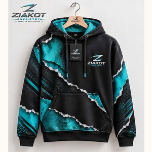 Sudadera con Capucha Deportiva Estilo Papel Rasgado con Diseño 3D Negro y Verde Azulado, Cosida a Medida por Ziakot Industry, Venta al Por Mayor Directa - Product Image 1