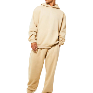 Ensemble de survêtement beige à capuche pour homme avec logo personnalisé, manches longues, couleur unie, coupe décontractée, sweat-shirt et pantalon en coton, tenue d'automne - Product Image 1