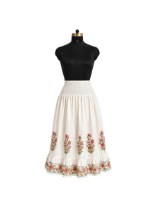 Falda larga de algodón floral rosa al por mayor, con cintura fruncida, estilo bohemio casual, estampado a mano, India - Product Image 1