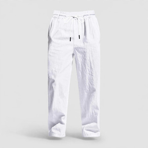 <b>Men's</b> <b>White</b> Cotton Oxford <b>Trousers</b> Straight Fit Mid Waist Button Closure Casual Summer Lightweight Breathable Side Pockets - Product Image 2