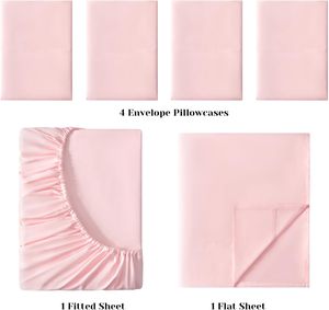 Ensemble de draps en coton 100% de qualité supérieure, couleur unie rose, 400TC, coutures minimalistes, lavable en machine, pour usage domestique, literie d'hôtel - Product Image 1