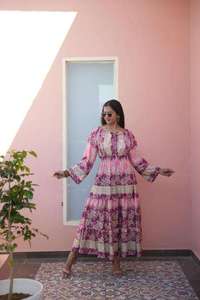 Bohemian Full Sleeve Off shoulder Floral Floor-Length Natural Waist Eco-Friendly Cotton Summer Holiday Dress for Women - Product Image 3