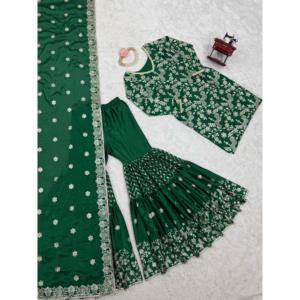 Vêtements de fête pour femmes Ensemble haut fantaisie Sharara avec Dupatta comprenant haut bas et tissu de couverture - Product Image 5