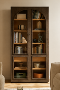 Arched Teak <b>Wood</b> Display Cabinet Luxury Glass Door Showcase for Living Room - Product Image 1