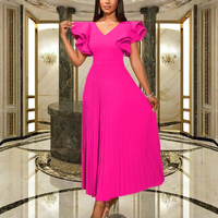 Nouvelle Robe Chic Col V Manches Volants Taille Empire Style Fête d'Été Coupe Évasée Plissée Rose Élégante Respirante Écologique Couleurs Vives