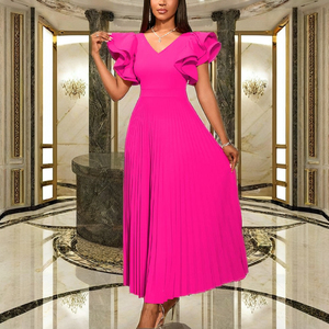 Nuevo Estilo Elegante, Vestido Maxi con Cuello en V, Mangas con Volantes, Cintura Imperio, Estilo Fiesta de Verano, Línea A, Plisado, Color Rosa, Elegante, Transpirable, Color Caramelo - Product Image 1
