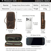 Étui de transport vintage en cuir de vachette véritable Crazy Horse pour Nintendo Switch 2 avec 16 emplacements pour cartes, pochette de protection et sac de rangement
