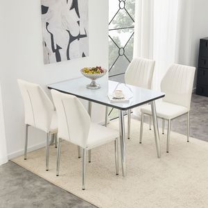 Set da Pranzo con Tavolo in Vetro Effetto Marmo Bianco, Base in MDF e Gambe Affusolate in Metallo Argento, 4 Sedie - Product Image 2