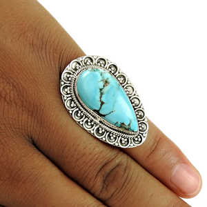 Bague vintage plaquée argent de style bohème avec pierre précieuse turquoise longue taille poire, sertie en forme de goutte d'eau, bijoux bohèmes raffinés - Product Image 4