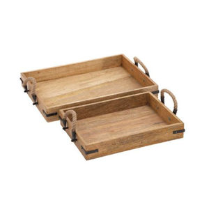 Plateaux de service ronds en bois, lot de 2, décoratifs, en bois de sapin massif avec poignées en métal noir, pour la décoration de la maison, la cuisine et la salle à manger - Product Image 3