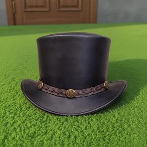 Sombrero de copa de cuero negro hecho a mano de primera calidad con banda marrón, estilo occidental, steampunk, gótico, para festivales. - Product Image 1