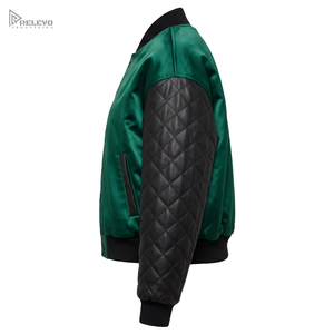 Veste en cuir satinée personnalisée unisexe, vert émeraude, noir, manches en cuir matelassées, veste bomber, veste de baseball, OEM/ODM - Product Image 3