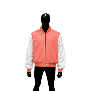 Chaqueta universitaria personalizada de satén rosa coral con mangas blancas, chaqueta bomber de béisbol premium para hombre y mujer, venta al por mayor, estilo Letterman - Product Image 1
